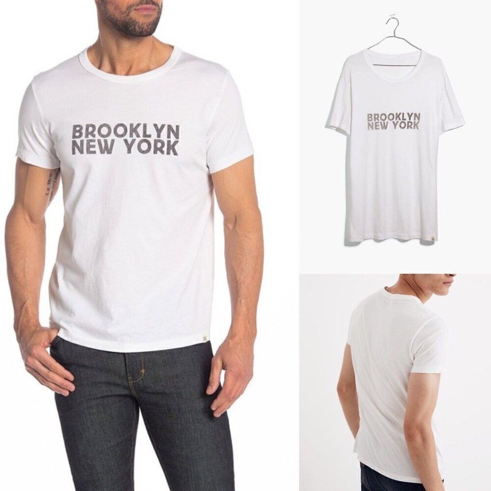 Madewell Mens Brooklyn‎ New York T-Shirt Size Medium White Daily Crew Neck K0428